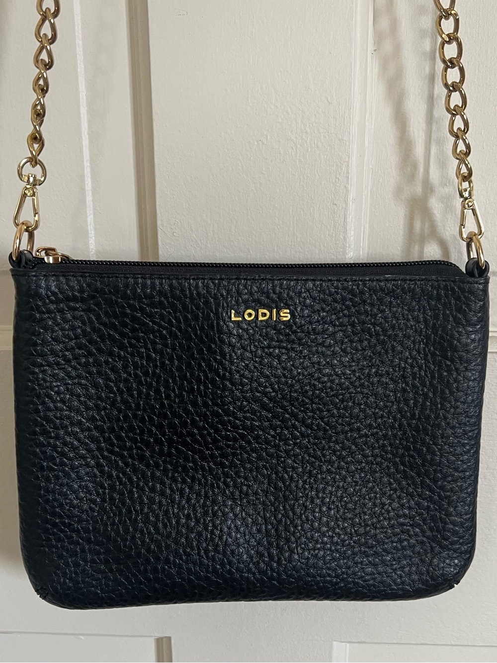 Lodis Black Pebbled Leather Crossbody with Gold Chain Strap